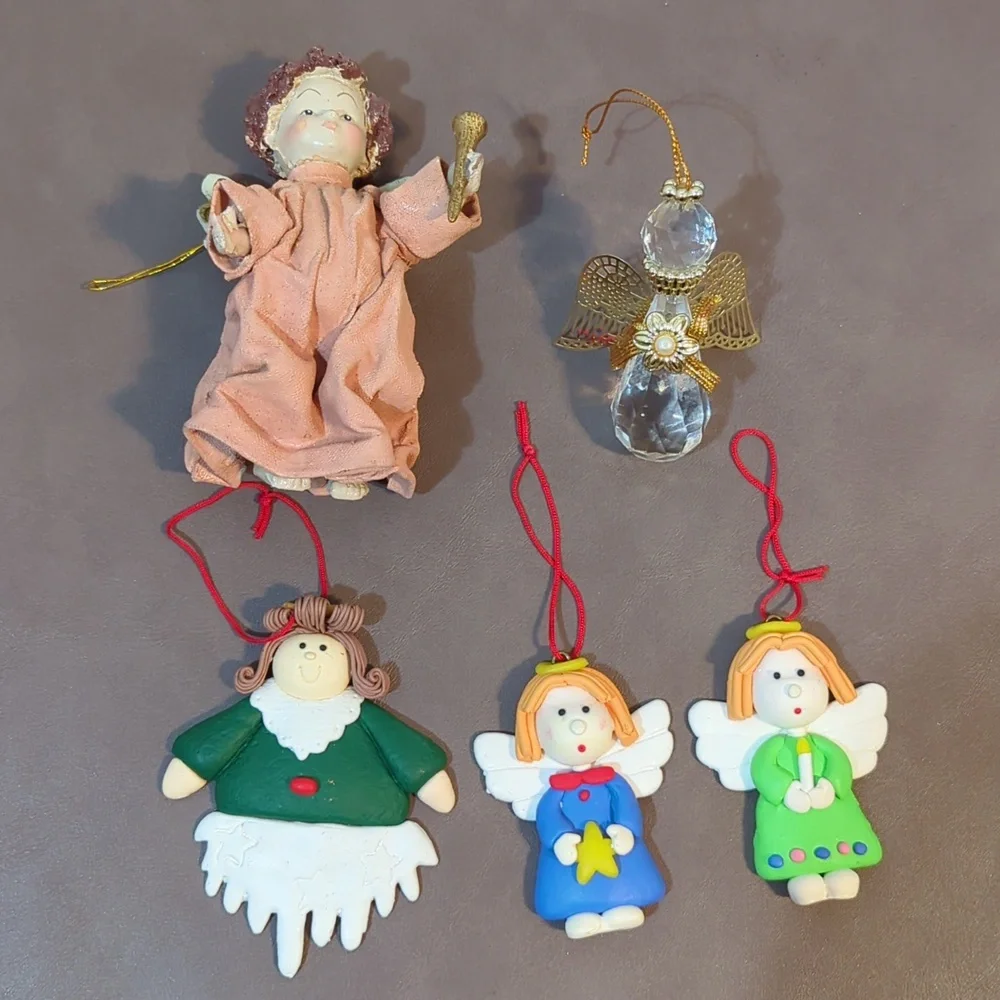 Angel 5 lot Ornaments Clay Girls Crystal cut Paper mache